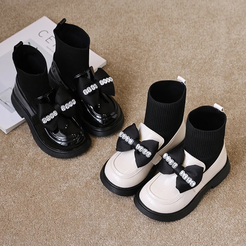 Cizme cu șosete pentru fete Cizme din piele cu strasuri pentru copii cu nod cu fundă Moda copii prințesă pantofi negri lucioase 2023 Nou