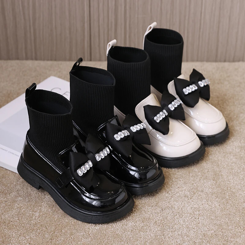 Cizme cu șosete pentru fete Cizme din piele cu strasuri pentru copii cu nod cu fundă Moda copii prințesă pantofi negri lucioase 2023 Nou