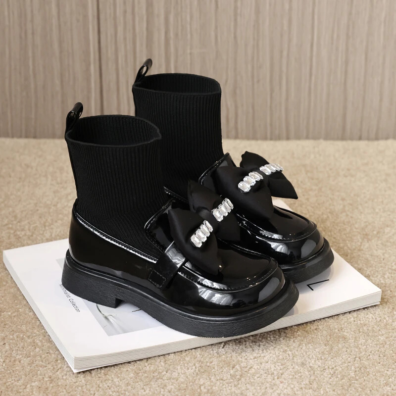 Cizme cu șosete pentru fete Cizme din piele cu strasuri pentru copii cu nod cu fundă Moda copii prințesă pantofi negri lucioase 2023 Nou