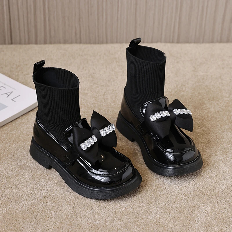 Cizme cu șosete pentru fete Cizme din piele cu strasuri pentru copii cu nod cu fundă Moda copii prințesă pantofi negri lucioase 2023 Nou
