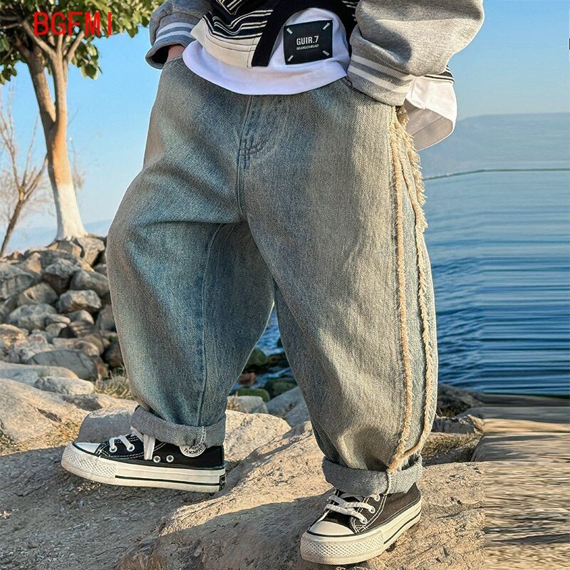 Teismelised, lapsed, tänavarõivad, püksid, poisid, korea lasteriided, 2024. aasta kevad, uued püksid, sirge silinder, teksad, elastne vöökoht