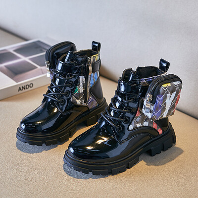 Ghete pentru copii, la modă, din piele lacuată, pantofi pentru fete, geantă cu fermoar, cizme toamnă, copii noi, talpă moale, pantofi cu platformă, antiderapante, cizme pentru femei