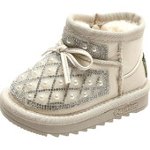 Pantofi de bumbac cu fundă de perle pentru fetițe Pantofi de zăpadă pentru sugari și copii Pantofi de mers cu talpă moale de pluș Cizme scurte din PU pentru fete