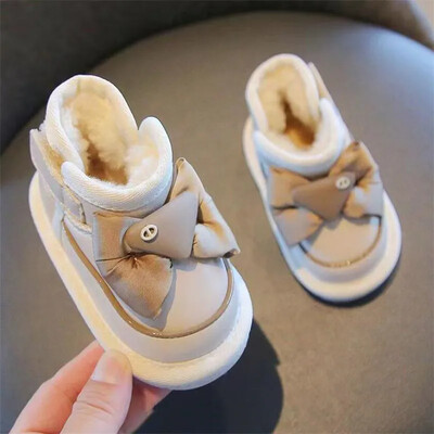 Pantofi de bumbac cu fundă de perle pentru fetițe Pantofi de zăpadă pentru sugari și copii Pantofi de mers cu talpă moale de pluș Cizme scurte din PU pentru fete