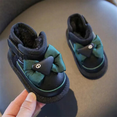 Pantofi de bumbac cu fundă de perle pentru fetițe Pantofi de zăpadă pentru sugari și copii Pantofi de mers cu talpă moale de pluș Cizme scurte din PU pentru fete