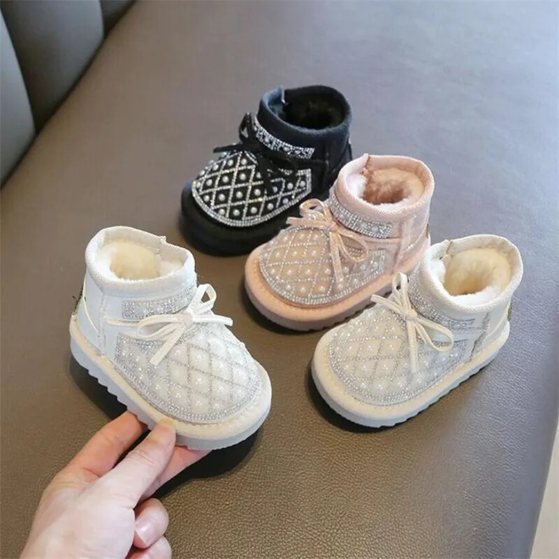 Pantofi de bumbac cu fundă de perle pentru fetițe Pantofi de zăpadă pentru sugari și copii Pantofi de mers cu talpă moale de pluș Cizme scurte din PU pentru fete