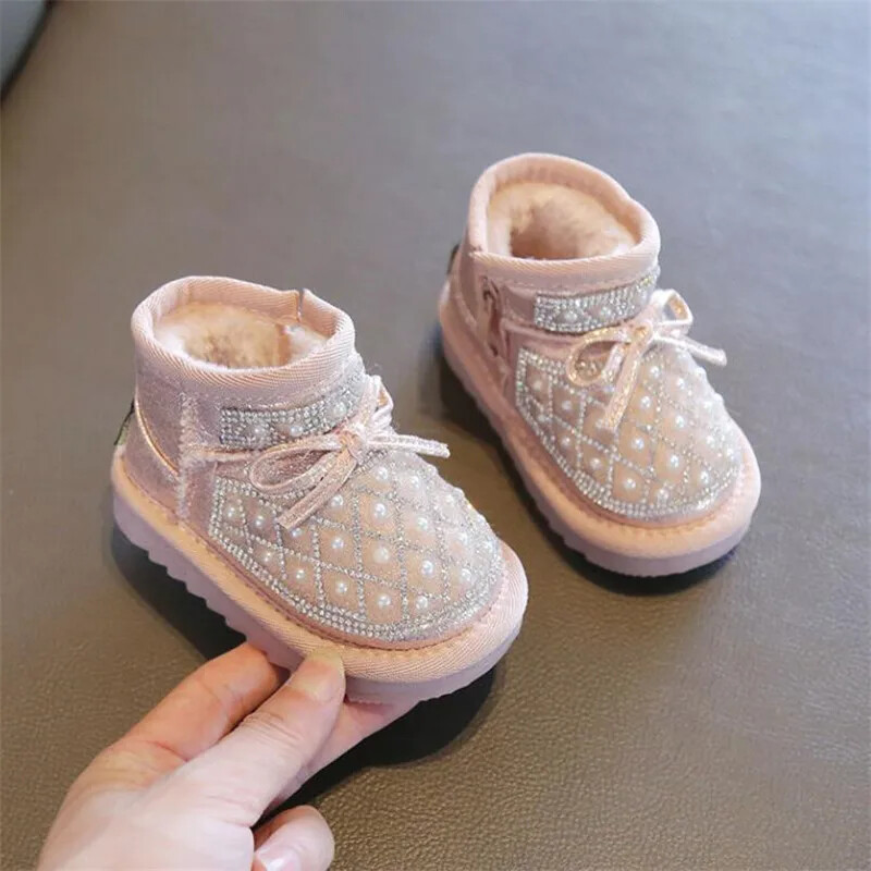Pantofi de bumbac cu fundă de perle pentru fetițe Pantofi de zăpadă pentru sugari și copii Pantofi de mers cu talpă moale de pluș Cizme scurte din PU pentru fete