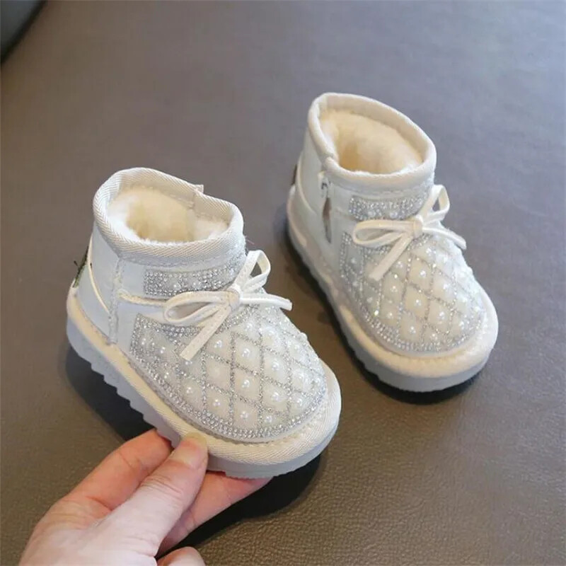 Pantofi de bumbac cu fundă de perle pentru fetițe Pantofi de zăpadă pentru sugari și copii Pantofi de mers cu talpă moale de pluș Cizme scurte din PU pentru fete
