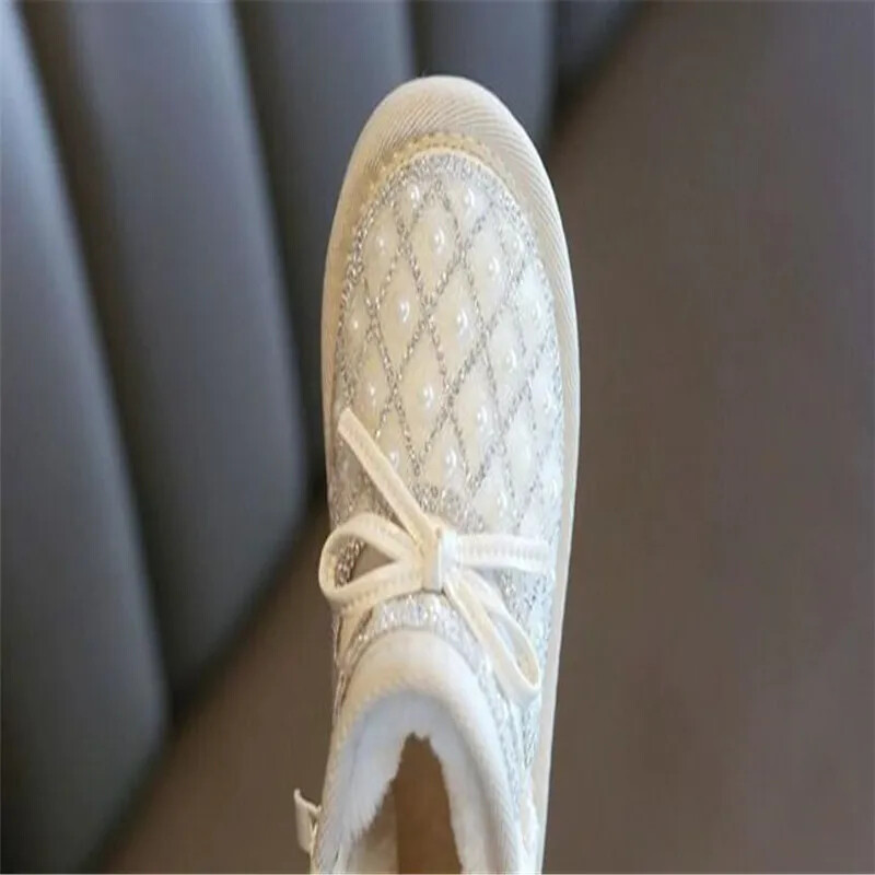 Pantofi de bumbac cu fundă de perle pentru fetițe Pantofi de zăpadă pentru sugari și copii Pantofi de mers cu talpă moale de pluș Cizme scurte din PU pentru fete