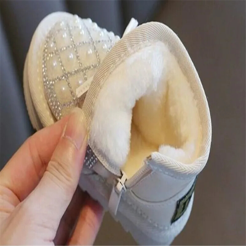 Pantofi de bumbac cu fundă de perle pentru fetițe Pantofi de zăpadă pentru sugari și copii Pantofi de mers cu talpă moale de pluș Cizme scurte din PU pentru fete