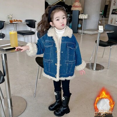 2-10 ani Jachete din catifea din denim pentru fete, iarnă, haină caldă de jeans pentru copii, guler răsturnat, haine de îmbrăcăminte, pardesiu pentru sugari 2 3 4