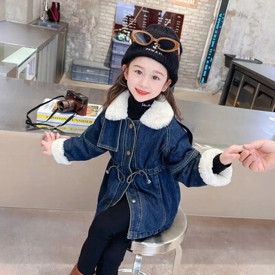 2-10 ani Jachete din catifea din denim pentru fete, iarnă, haină caldă de jeans pentru copii, guler răsturnat, haine de îmbrăcăminte, pardesiu pentru sugari 2 3 4