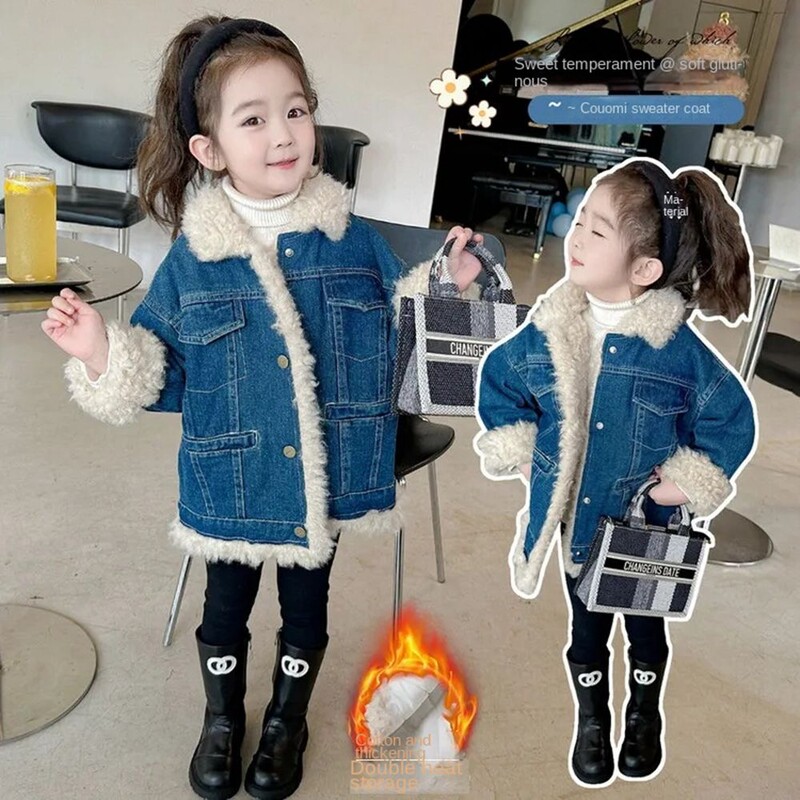 2-10 ani Jachete din catifea din denim pentru fete, iarnă, haină caldă de jeans pentru copii, guler răsturnat, haine de îmbrăcăminte, pardesiu pentru sugari 2 3 4