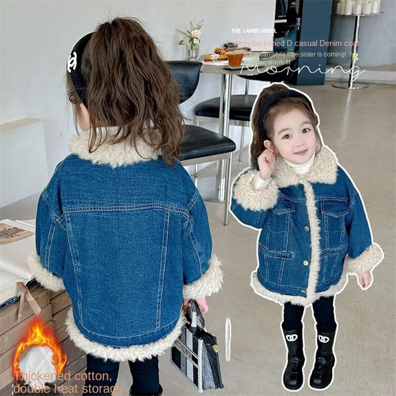 2-10 ani Jachete din catifea din denim pentru fete, iarnă, haină caldă de jeans pentru copii, guler răsturnat, haine de îmbrăcăminte, pardesiu pentru sugari 2 3 4