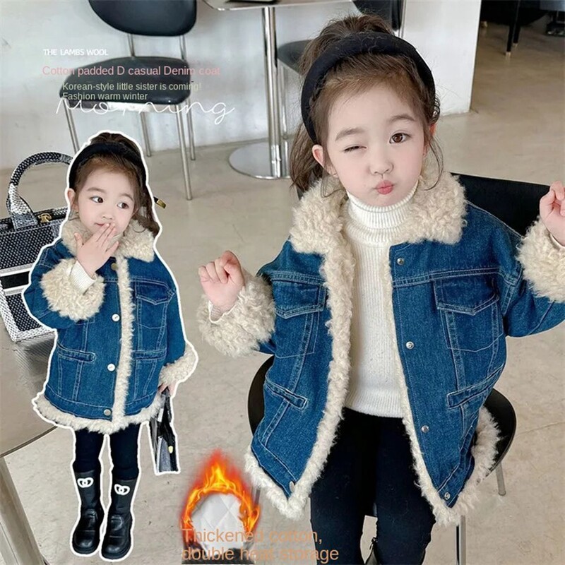 2-10 ani Jachete din catifea din denim pentru fete, iarnă, haină caldă de jeans pentru copii, guler răsturnat, haine de îmbrăcăminte, pardesiu pentru sugari 2 3 4
