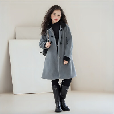 Palton din lână pentru fete de iarnă Pardesiu lung din tweed cu două fețe pentru copii Moda Casual Gri 10 12 14 ani Adolescenți Îmbrăcăminte exterioară