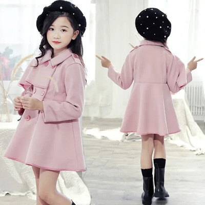 Tüdrukute soe villane mantel Talvine paks pealisrõivad Tüdrukute villane jope Lastele volangidega varrukad pikk mantel Sügismood Tüdrukute jakid