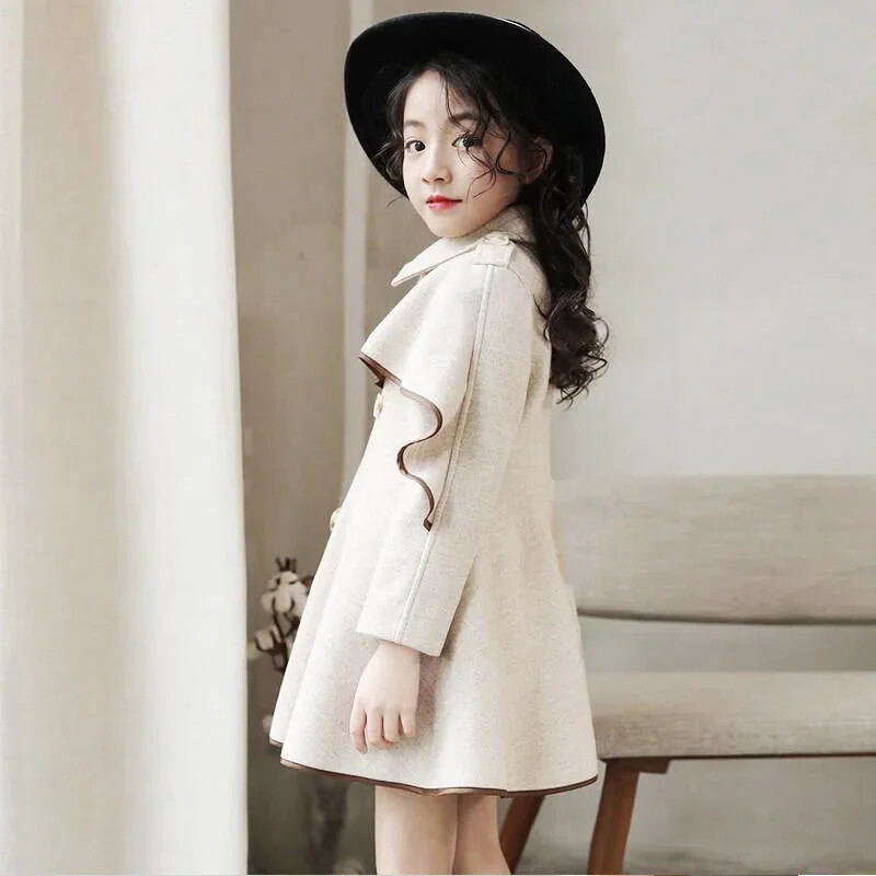 Tüdrukute soe villane mantel Talvine paks pealisrõivad Tüdrukute villane jope Lastele volangidega varrukad pikk mantel Sügismood Tüdrukute jakid