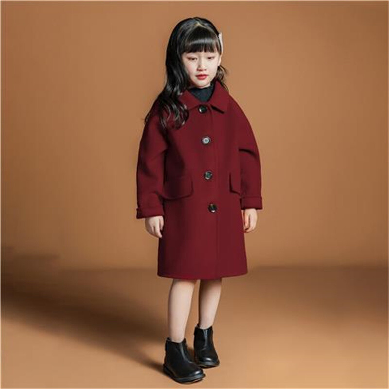 Tüdrukute villane mantel jakk puuvillane ülerõivas tuuletõke 2023 punane vein, soe pluss paks samet talvine sügispidu lasteriided