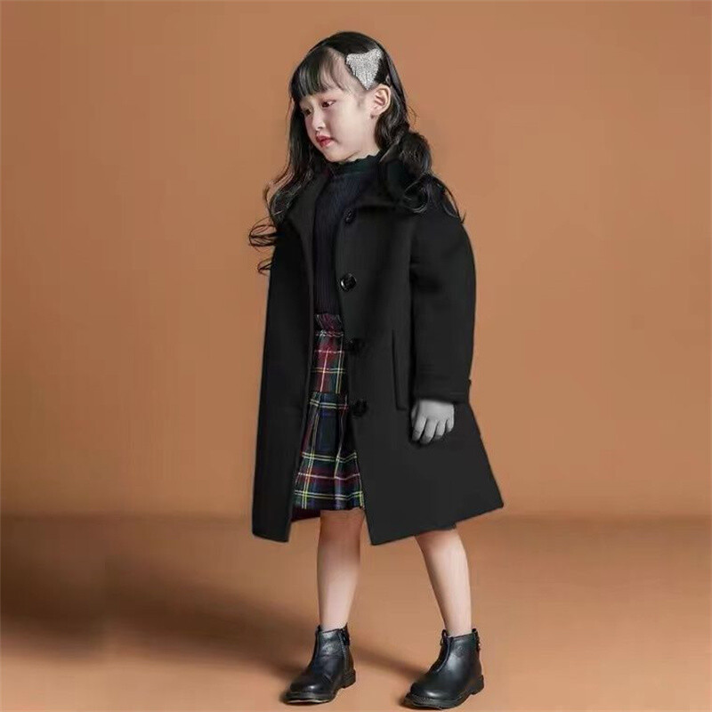 Tüdrukute villane mantel jakk puuvillane ülerõivas tuuletõke 2023 punane vein, soe pluss paks samet talvine sügispidu lasteriided