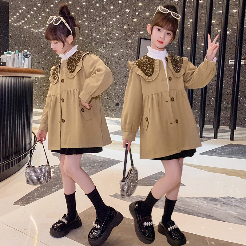 Kevad-sügis Tüdrukute Trench-mantlid Uus mood Korea stiilis tuulejope Laste ülerõivad Lasteriided 6 7 8 9 10 11 12 Y