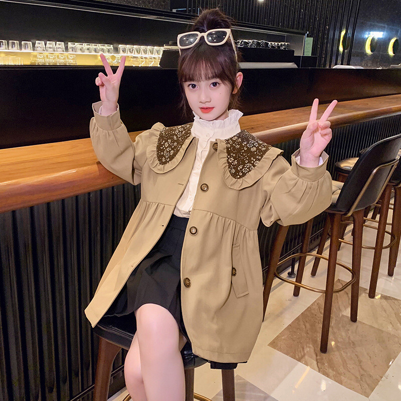 Kevad-sügis Tüdrukute Trench-mantlid Uus mood Korea stiilis tuulejope Laste ülerõivad Lasteriided 6 7 8 9 10 11 12 Y