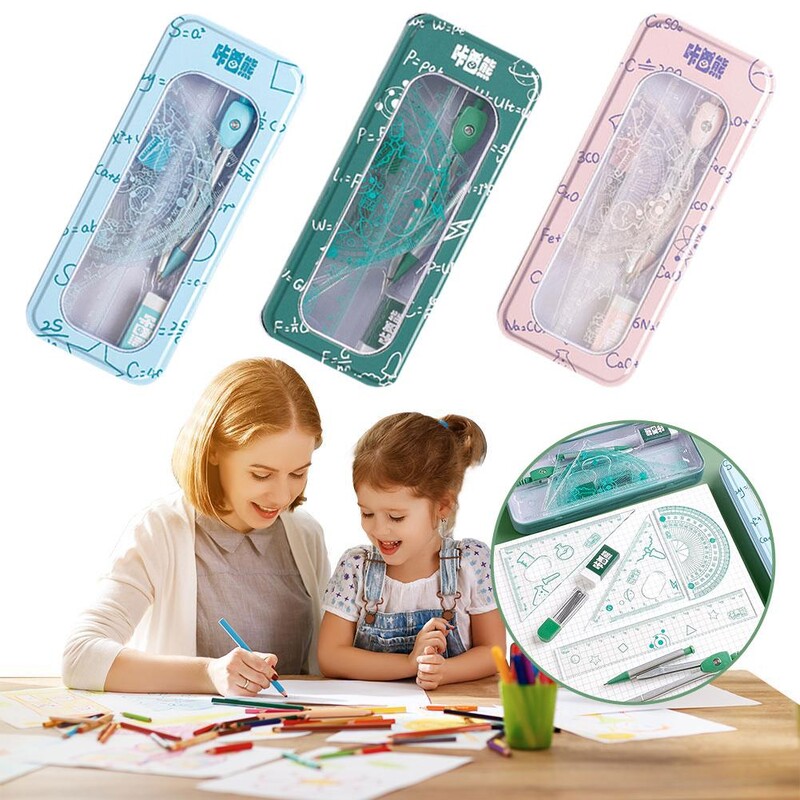Kit de geometrie matematică de 8 buc cu rigle, raportoare, busolă, gumă de șters și cutie metalică, rechizite școlare pentru desen și desen