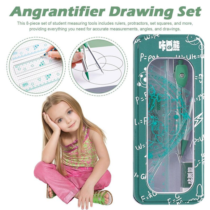 Kit de geometrie matematică de 8 buc cu rigle, raportoare, busolă, gumă de șters și cutie metalică, rechizite școlare pentru desen și desen