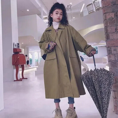 Copii Fată 8 10 ani Trenci cu două piepte Primăvară Toamnă Palton lung negru Moda Lejer Adolescent Jucător lung de vânt