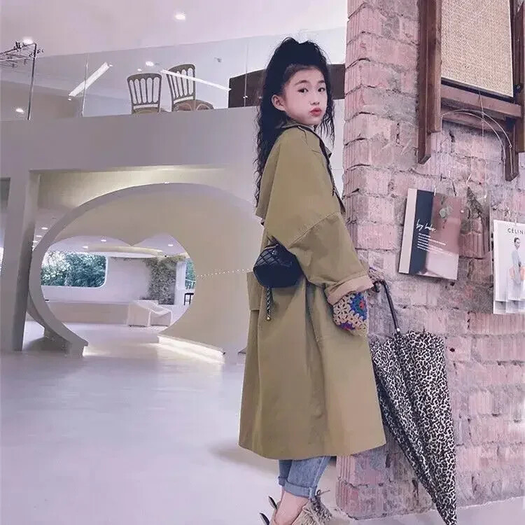 Copii Fată 8 10 ani Trenci cu două piepte Primăvară Toamnă Palton lung negru Moda Lejer Adolescent Jucător lung de vânt