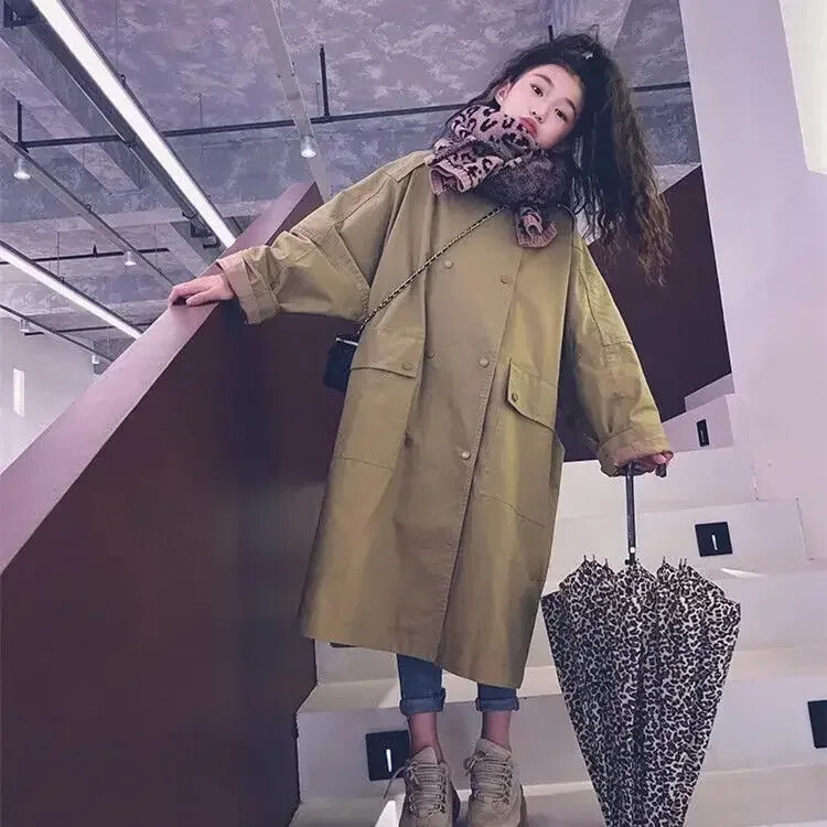 Copii Fată 8 10 ani Trenci cu două piepte Primăvară Toamnă Palton lung negru Moda Lejer Adolescent Jucător lung de vânt