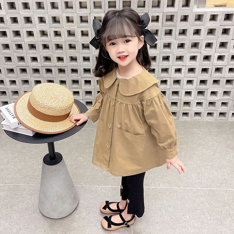 2-11 ani Rochie pentru copii mici Jachete pentru fete Kaki Guler Peter Pan Îmbrăcăminte haină Copii Trenci de toamnă 4 5 6 7 8 9 10