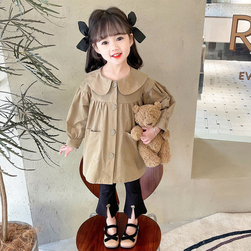 2-11 ani Rochie pentru copii mici Jachete pentru fete Kaki Guler Peter Pan Îmbrăcăminte haină Copii Trenci de toamnă 4 5 6 7 8 9 10