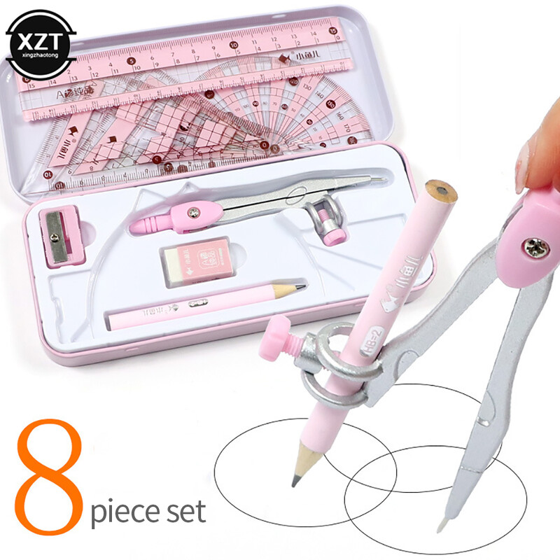 8gab./komplekts Kompasi Lineāli Profesionālie zīmēšanas rīki Skolas piederumi Instrumenti Daudzfunkcionālas skolēnu kancelejas preces Dāvanu balvas
