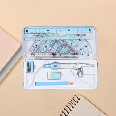 Matematinės geometrijos rinkinys su nedūžtančiomis laikymo dėžutės liniuotės pieštuku geležine trintuku