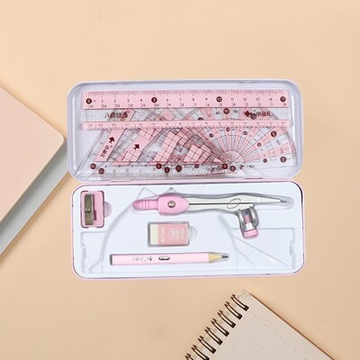 Matematinės geometrijos rinkinys su nedūžtančiomis laikymo dėžutės liniuotės pieštuku geležine trintuku