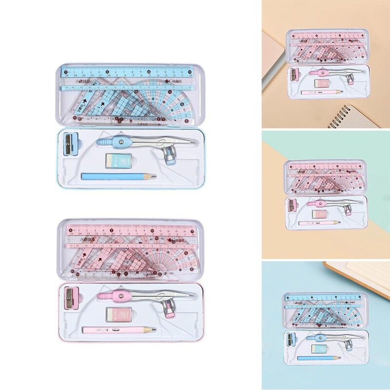 Matematinės geometrijos rinkinys su nedūžtančiomis laikymo dėžutės liniuotės pieštuku geležine trintuku