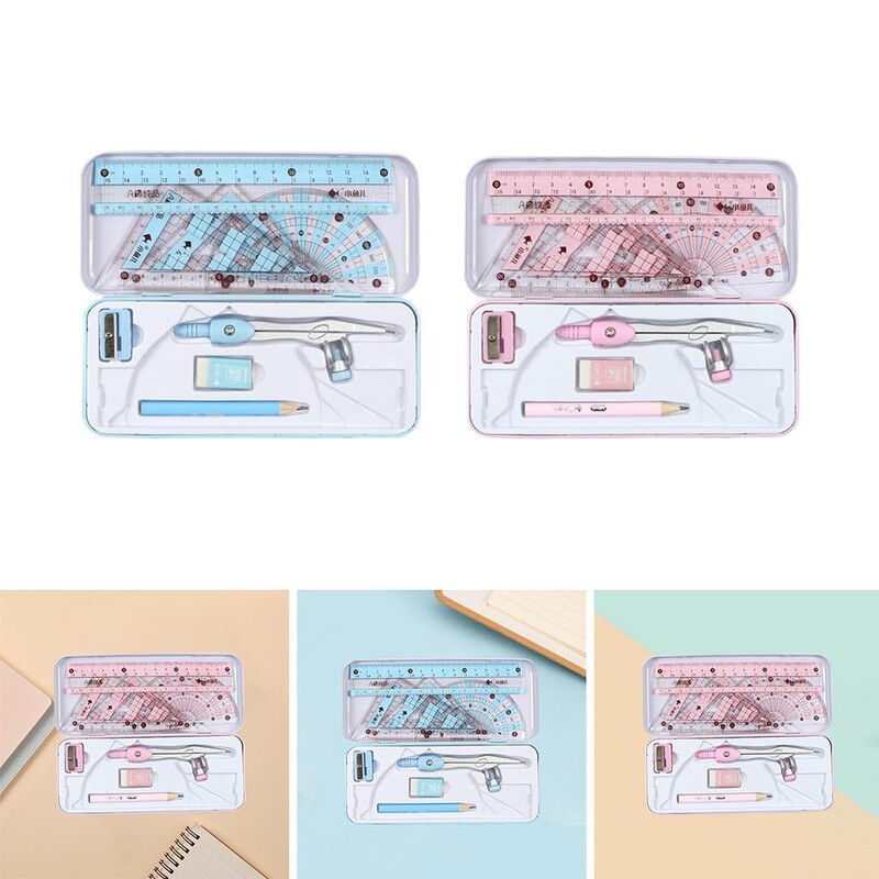 Matematinės geometrijos rinkinys su nedūžtančiomis laikymo dėžutės liniuotės pieštuku geležine trintuku