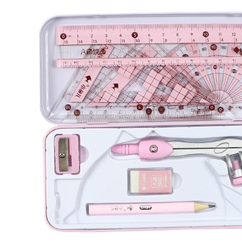 Matematinės geometrijos rinkinys su nedūžtančiomis laikymo dėžutės liniuotės pieštuku geležine trintuku