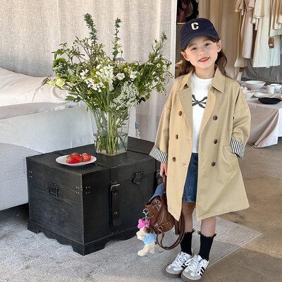 Tüdrukute laste vabaaja mantel 2024 kevad uus tüdrukute välismaa stiilis Briti tuulega pikk mantel Lihtne vabaaja Korea lihtsad riided