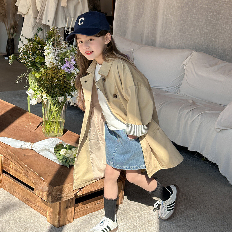 Tüdrukute laste vabaaja mantel 2024 kevad uus tüdrukute välismaa stiilis Briti tuulega pikk mantel Lihtne vabaaja Korea lihtsad riided