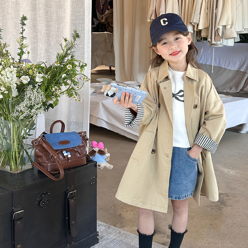 Tüdrukute laste vabaaja mantel 2024 kevad uus tüdrukute välismaa stiilis Briti tuulega pikk mantel Lihtne vabaaja Korea lihtsad riided