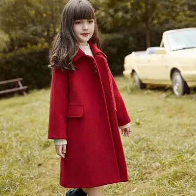 Tüdrukute Punane Villane jope Talvine Korea teismeline Tüdrukutele Villased mantlid Keskmise pikkusega uusaasta riided Lasteriided 10 12 a Sügis