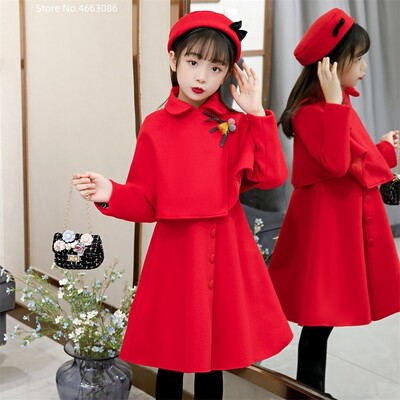 Детски вълнени костюми за момичета, модна рокля на принцеса, палто, барета, 2 бр. Детски есенно-зимен рожден ден, вълнен корейски сладък костюм