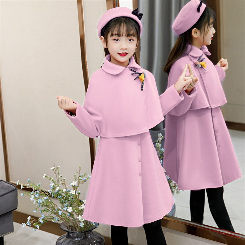 Детски вълнени костюми за момичета, модна рокля на принцеса, палто, барета, 2 бр. Детски есенно-зимен рожден ден, вълнен корейски сладък костюм