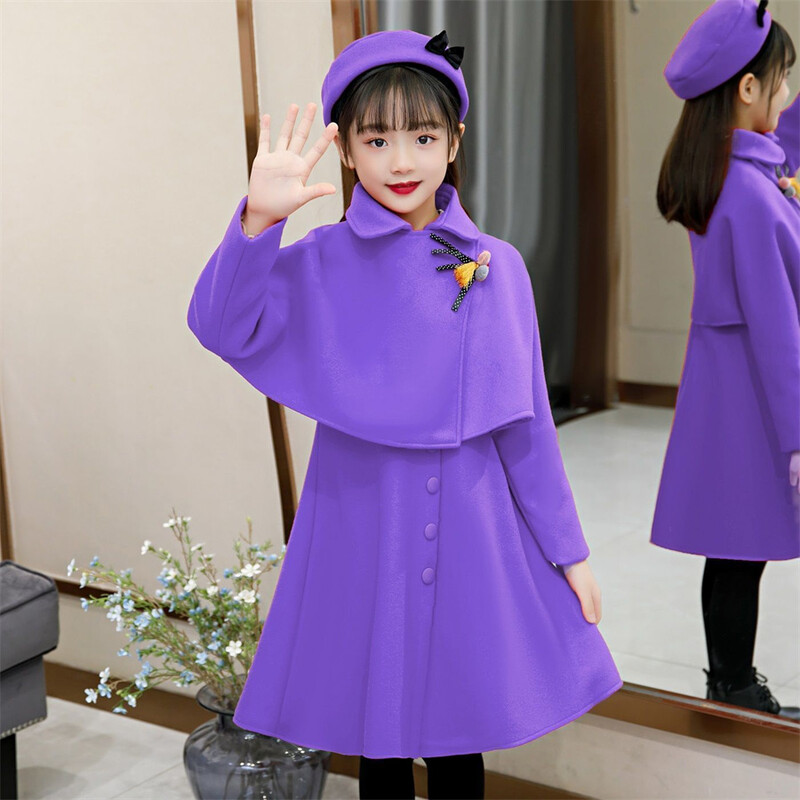 Детски вълнени костюми за момичета, модна рокля на принцеса, палто, барета, 2 бр. Детски есенно-зимен рожден ден, вълнен корейски сладък костюм
