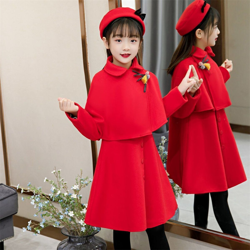Детски вълнени костюми за момичета, модна рокля на принцеса, палто, барета, 2 бр. Детски есенно-зимен рожден ден, вълнен корейски сладък костюм