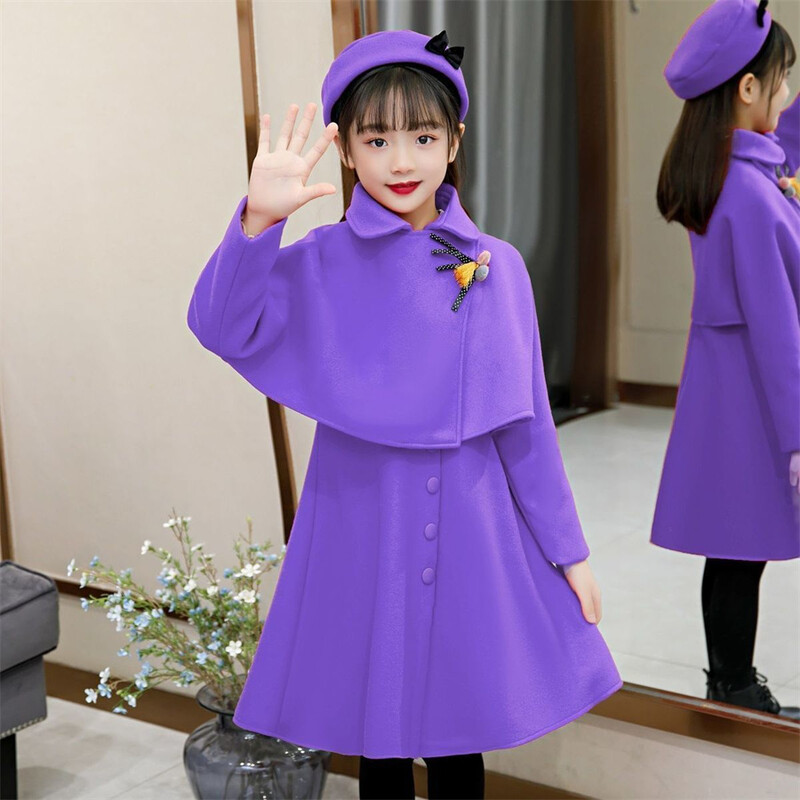 Детски вълнени костюми за момичета, модна рокля на принцеса, палто, барета, 2 бр. Детски есенно-зимен рожден ден, вълнен корейски сладък костюм