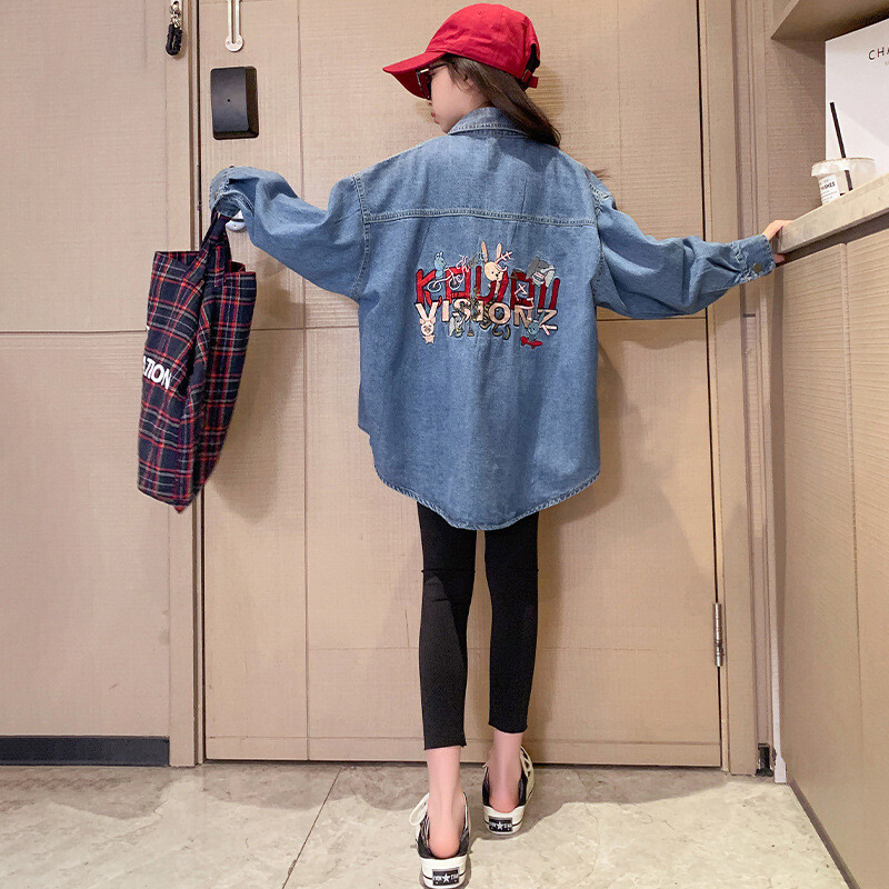 Korejski proljeće jesen Traper kaputi za djevojčice Osnovnoškolske djevojčice Crtani zečevi Vez s slovom dugih rukava Gornja odjeća za školarke