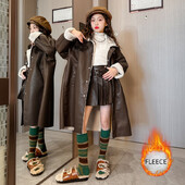Tüdrukute nahast pikad mantlid talvefliis paks soe keskmise pikkusega teismeliste laste ülerõivad mood vabaaja PU-jakk lastele